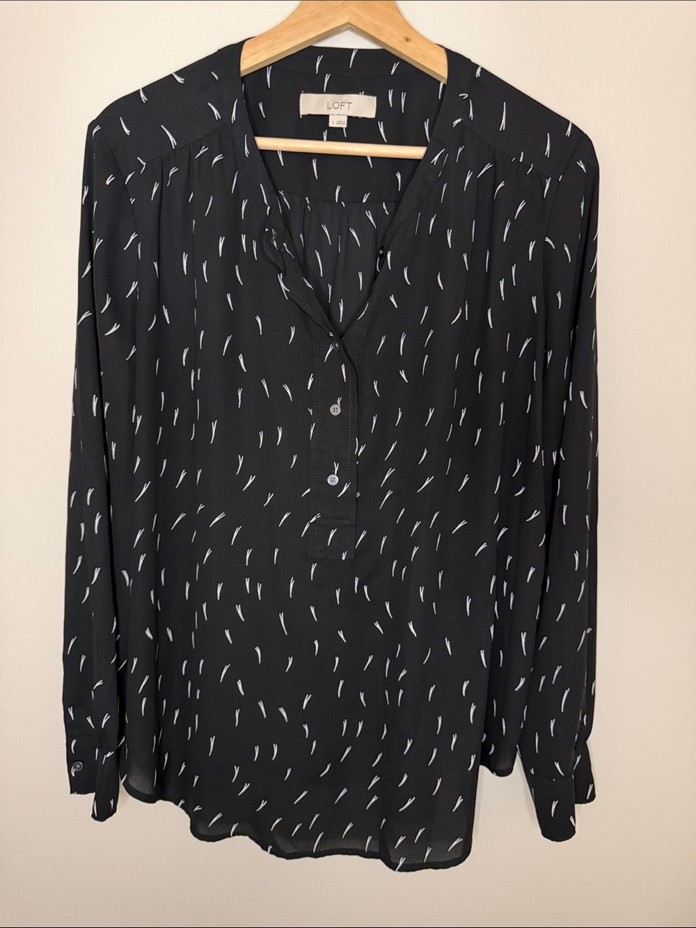 LOFT Black Button-Front Blouse with White Dash Motif